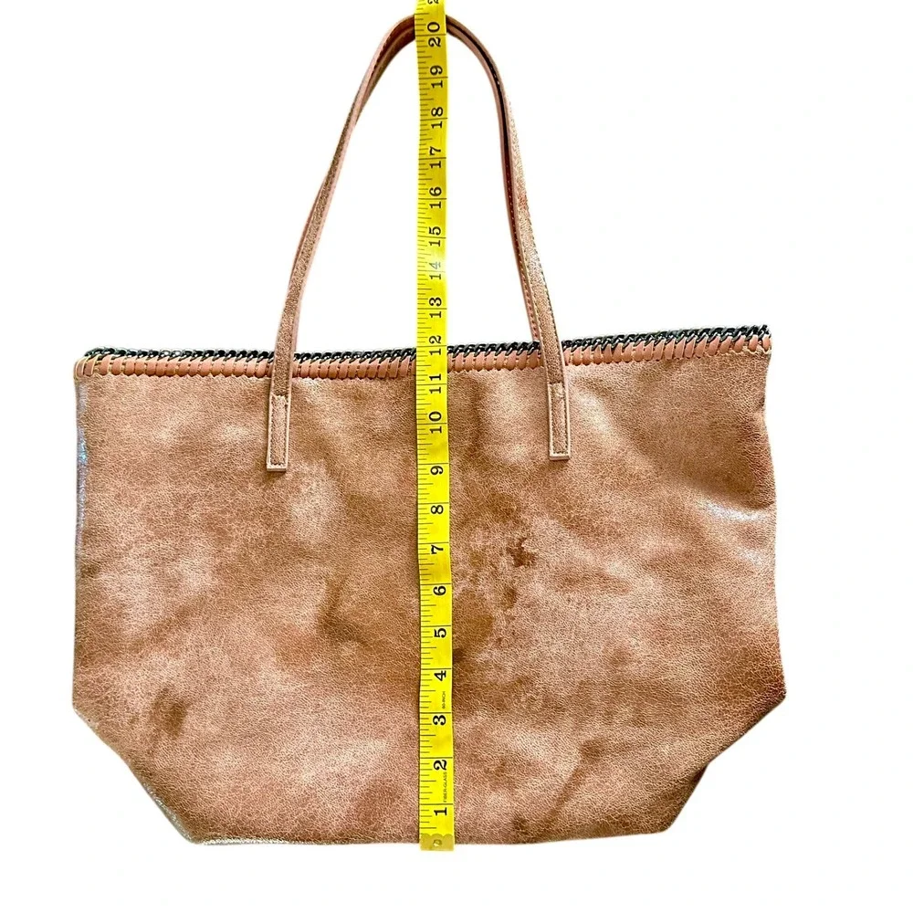 Chico's Marbled Faux Leather Large Tote Bag Blush Tan Brown Metal Chain Trim NEW